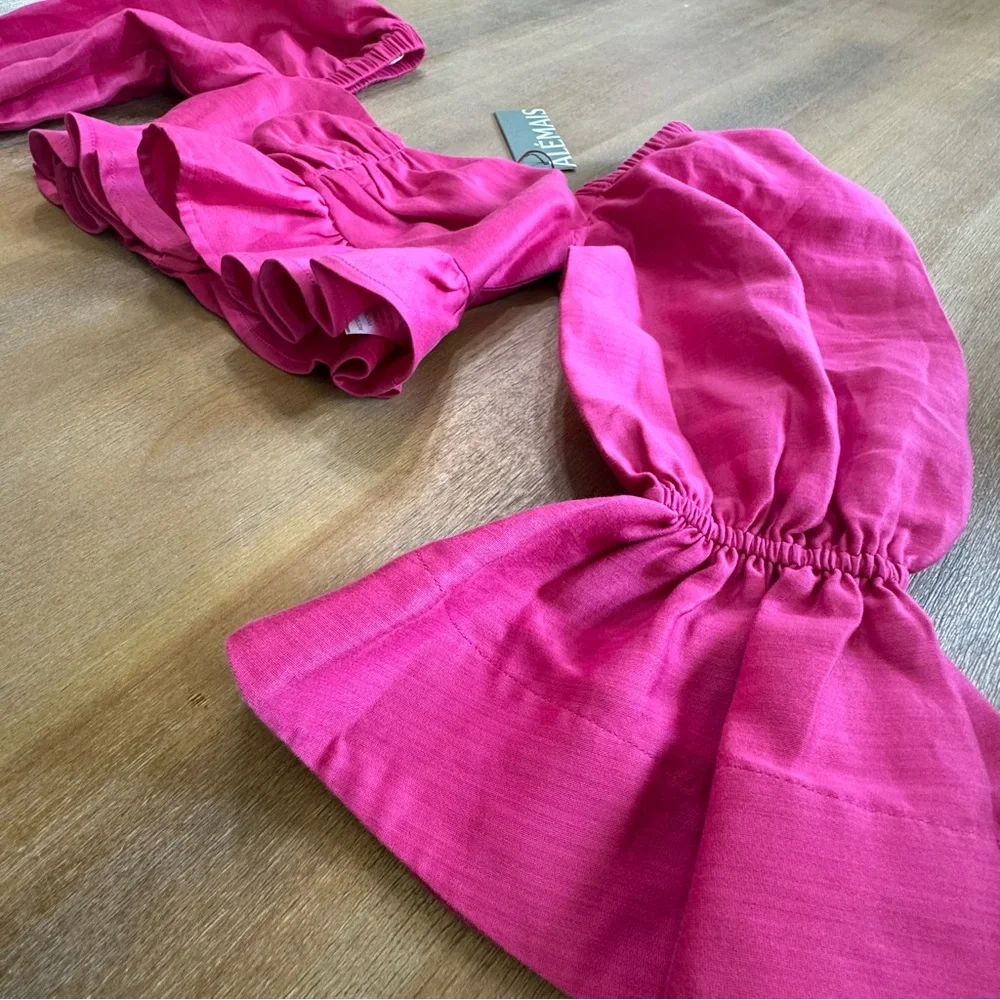 Alemais Pink Ruffle Blouse Cropped Half‎ Sleeve Size 2 Silk Cotton New Fuchsia